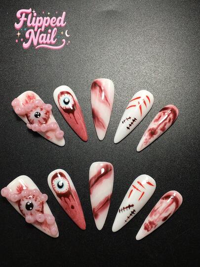 10件套手工制作3.3厘米细高跟美甲套装，搭配眼睛、伤口和斑点装饰，适合女性和女孩，情人节、派对、节日和日常佩戴。美甲配件，亚克力美甲套装，包含套装、手工压制美甲贴片、假指甲贴纸和美甲用品。