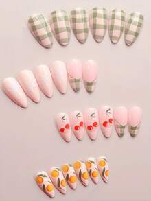 Add A Touch Of Romance With 24pcs Almond Shape Press On Nails Elegant Cherry Citrus White Bow Green Checkerboard Pattern French Tip Nails Full Coverage Fake Nail Tips For Women And Girls Includes 1sheet Adhesive Tabs & 1pc Mini File Suitable For Office Daily Wear False Nails Jelly Glue Is Randomly Shipped - Multicolor - View 2
