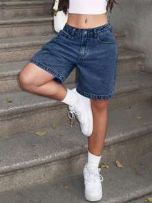 Women's Loose Casual Solid Bermuda Denim Shorts, Summer - Dark Wash - View 6