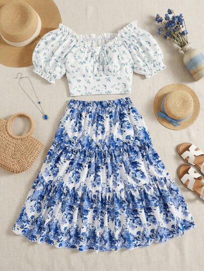 2pcs Girls Ditsy Floral Bow Collar Puff Sleeve Top And Floral Allover Print Skirt Set, Casual French Style, Spring/Summer, Ramadan Gift