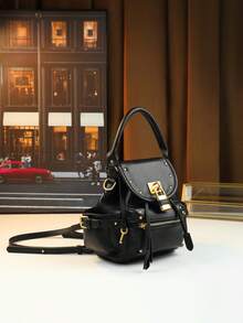 Fashionable Retro Rivet Lock Motorcycle Handbag, High-End Versatile Commuter Shoulder Crossbody Multifunctional Stylish Backpack - Black - View 4