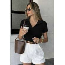 Women's Polo Shirt, Short Sleeve, Cotton, Simple, Casual, Knit, Everyday Wear - Black - View 3