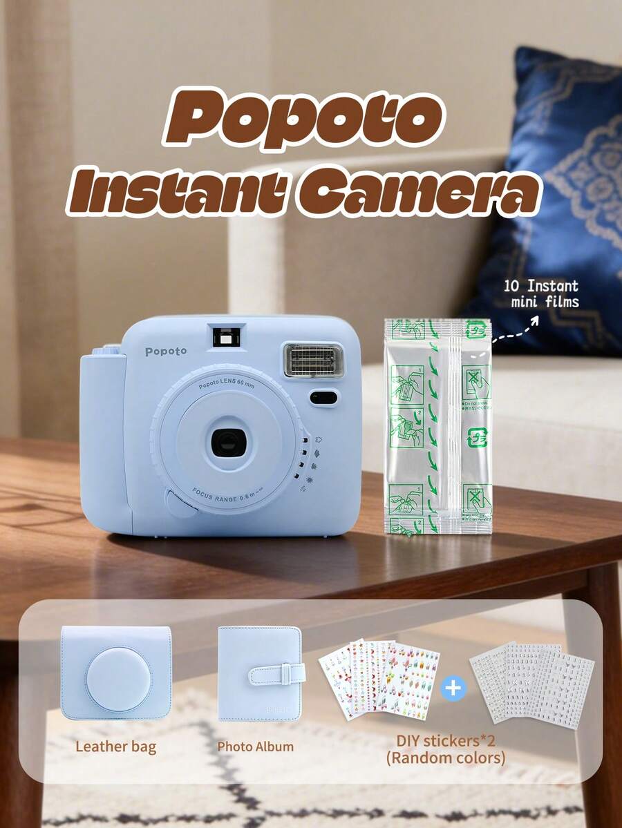 Popoto Instant Camera Compatible With Mini 11/12 Film, Includes 10 Instant Mini Films, Mini Portable Instant Printing, Built-In Flash Auto, Suitable As Eid Gift, Mini Camera. (Batteries Not Included)