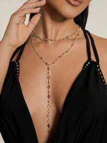 Altistry 1pc Fashionable Personalized Random Color Zirconia Oval Metal Chain Y-Necklace, Suitable For Travel, Dates, Parties And Other Occasions - Yellow Gold - View 3