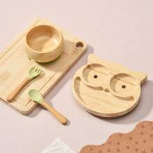 4pcs Baby Tableware Set, Including 1 Plate, 1 Bowl, 1 Spoon, 1 Fork, Cartoon Design With Anti-Slip Suction Cup, Infant Feeding Set, One Set Of Weaning Guidance Supplies - Green - View 1