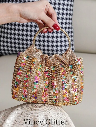 Sparkling Colorful Rhinestone Decor Mini Evening Bag, Round Handle Handbag, Phone Pouch, Lipstick Bag, Suitable For Party, Banquet, Formal Dress Occasion, Fashion Luxury Bag