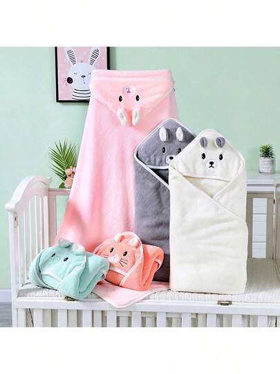 1pc Cartoon Children's Hooded Bath Towel, Newborn Coral Fleece Wrap Bathrobe, Baby Boy/Girl Animal Cloak Blanket