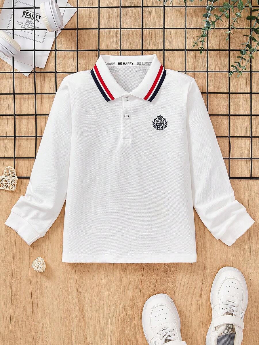 男童Polo衫，英伦风，宽松版型，长袖T恤，休闲上衣，时尚春秋新品 - 白色 - 查看 1