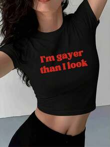 Women'S Y2K Style "I'm Gayer Than I Look" Graphic Tee - Black Short Sleeve Crop Top With Red Text, Casual Summer T-Shirt For Casual Attire, Travel & Outdoor, Casual Summer Wear | Y2K Fashion | Comfortable Fit - 黑色 - 查看 1