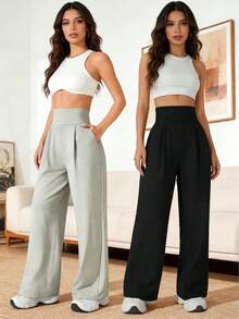 2 pezzi/set Pantaloni da donna a vita alta e gamba dritta con tasche, pantaloni da yoga aderenti e morbidi, pantaloni casual per jogging e trekking all'aperto - nero - Visualizzare 4