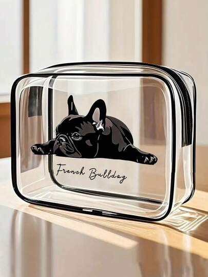 可爱法斗犬印花PVC化妆包，拉链密封PVC旅行收纳袋，轻便不易褪色，适合爱狗人士的化妆和洗漱包，TSA认证便携式化妆箱，易于擦拭清洁，是送给妈妈、老师、朋友、护士、女性朋友的绝佳礼物，也是学校/度假旅行必备的洗漱包，防水洗漱包