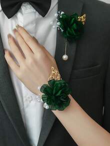 1件/2件 深綠色玫瑰花配金葉珠飾胸針與腕帶，適合新郎、新娘、伴郎、伴娘 - 墨綠色 - 查看 7