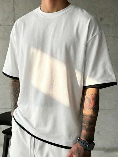  GRDR Men's Summer Colorblock Round Neck 2 In 1 Short Sleeve T-Shirt, Casual &