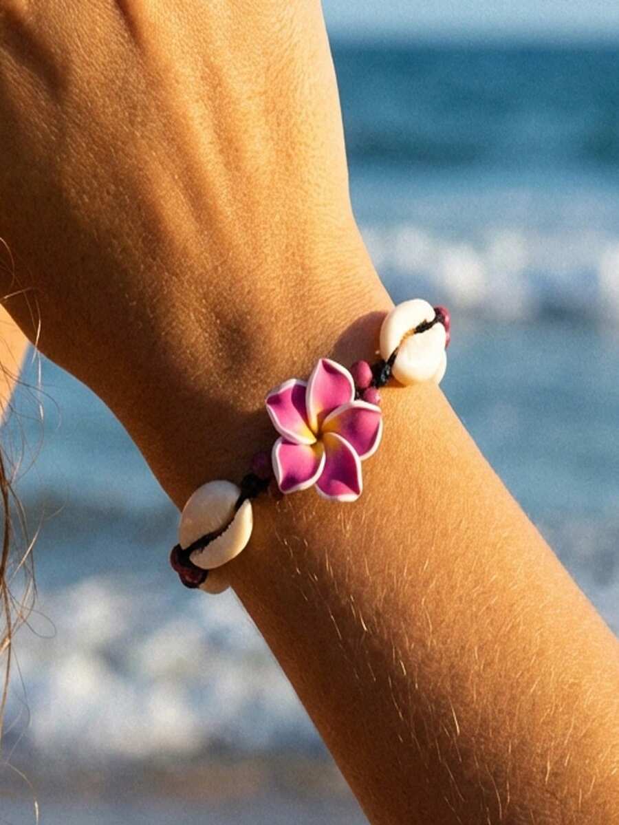 1件波西米亚风软陶花朵贝壳编织手链，适合女性街头、派对、海滩和日常佩戴 - 紫色 - 查看 1