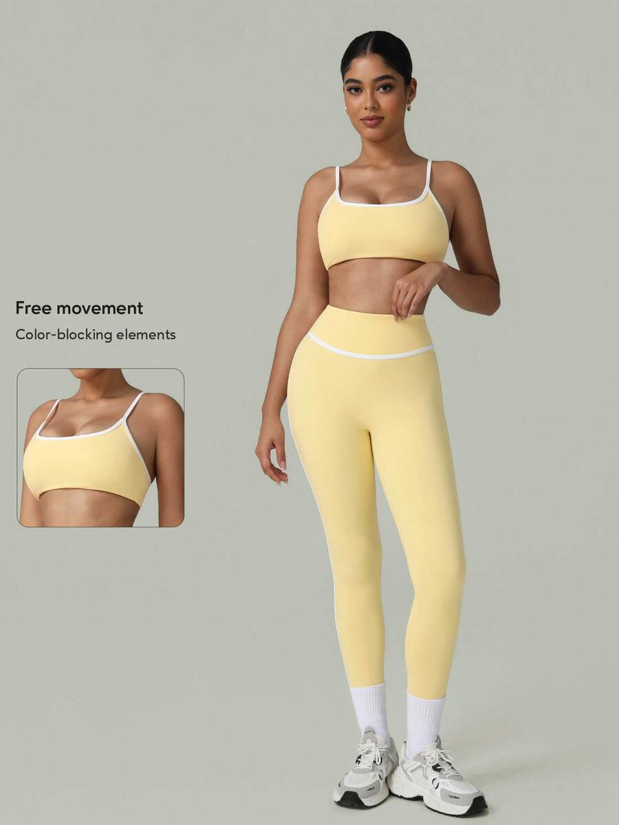 2pcs/Set Women's Fashion White Striped Yoga Sports Bra And Leggings Set, Spring/Summer - Yellow - View 1