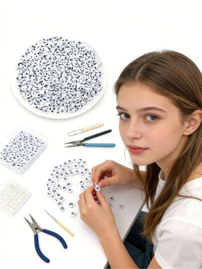 100/200/300/500pcs Black & White Acrylic Letter Beads Jewelry Making Kit, Bohemian Style DIY Bracelets, Necklaces, Keychains With Letter Charms, DIY Craft Supplies - Mixed Hollow Letter Beads With Game & Friendship Themes