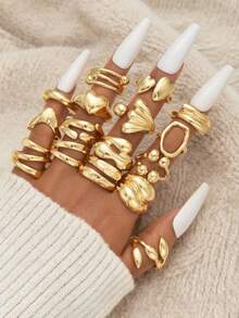 Set de 12/16 anillos geométricos asimétricos de diseño de corazón de lujo europeo y americano, anillos personalizados únicos adecuados para mujeres en fiestas, citas, bailes, regalos de cumpleaños, a juego para uso diario - Dorado - Ver 6