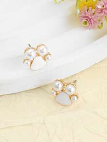 一对可爱猫爪造型仿珍珠镶嵌极简耳环，适合日常佩戴，甜美百搭 - 彩色 - 查看 4