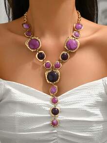 1件复古夸张时尚仿宝石Y形流苏长项链，粗犷饰品，巴洛克风格法式奢华几何项链吊坠，适合女性日常、派对、活动佩戴（宝石图案颜色和位置随机） - 紫色 - 查看 1
