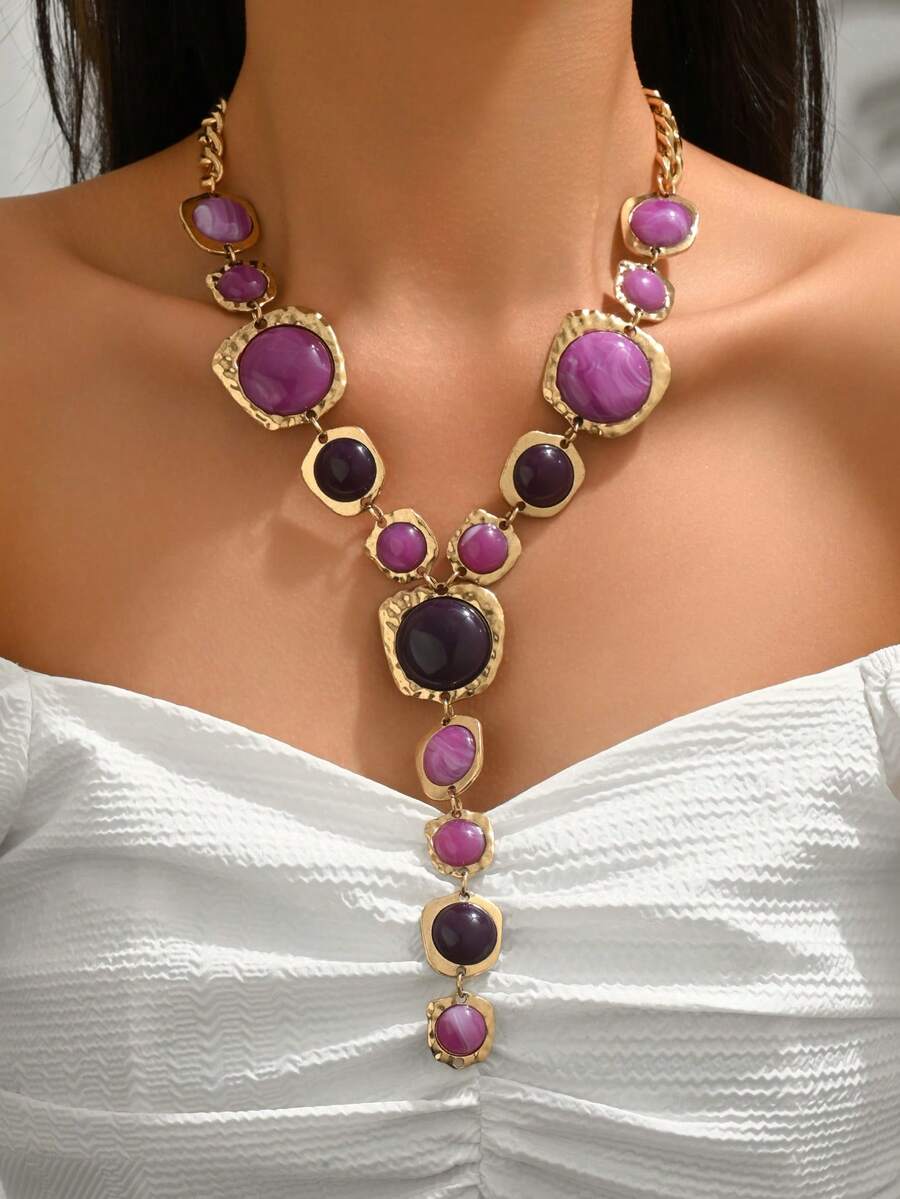 1件复古夸张时尚仿宝石Y形流苏长项链，粗犷饰品，巴洛克风格法式奢华几何项链吊坠，适合女性日常、派对、活动佩戴（宝石图案颜色和位置随机） - 紫色 - 查看 1