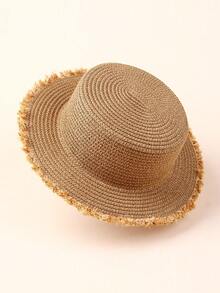 1pc Kids Large Brim Sun Hat, Raffia Decor Children Summer Flat Top Sun Protection Hat For Boys And Girls - 1PC - View 13