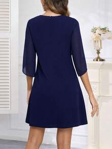 Vestido casual elegante de primavera de gasa con cuello redondo, mangas con volantes, cintura alta y silueta evasé para mujer - Azul Marino - Ver 3