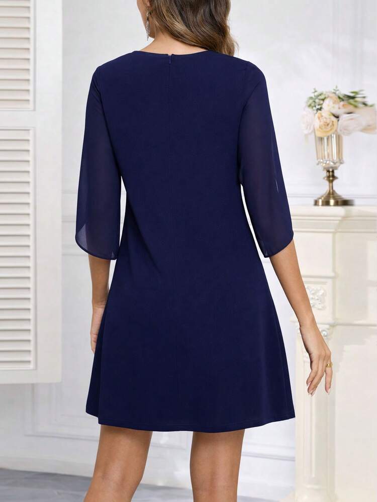 Damen einfarbiges Cocktailkleid mit rundem Ausschnitt, Rüschenärmeln, hoher Taille, Chiffon A-Linie, lässig, elegant, für den Frühling - marineblau - Übersicht 2