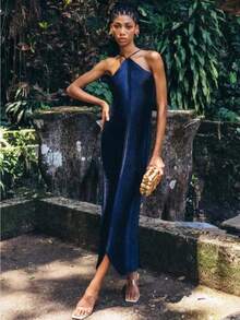 Fashion Tassel Back Slit Neck Dress - Navy Blue - View 1
