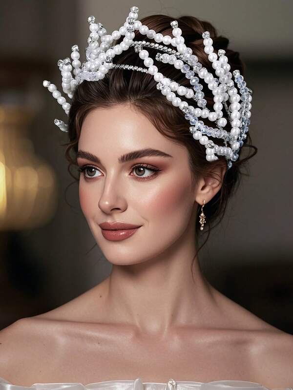 1pc Glamorous Pearl Crystal Rhinestone Beaded Headband, Fashionable & Charming Headpiece Suitable For Party, Wedding, Festival, Performance