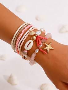 Handmade Beaded Bohemian Style Women's Bracelet, Seed Bead & Starfish Bracelet, Shell & Coral, Fashionable Ocean Themed Beach Jewelry Accessory - Multicolor - View 6