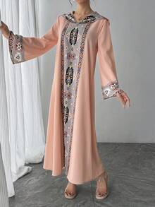 1 chiếc đầm dài tay in họa tiết dành cho nữ, kiểu dáng suông tay xòe có mũ, phong cách Ả Rập thanh lịch, phù hợp cho tiệc tùng, dạ hội, kỳ nghỉ, Ngày của Mẹ và các lễ hội khác. Màu hồng. - Hồng - Xem 3