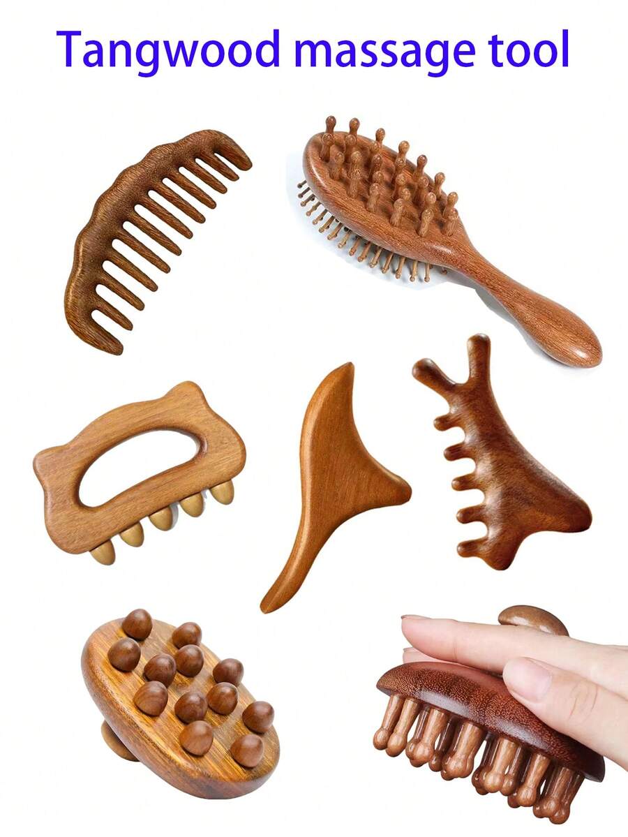 木质按摩放松工具套装，情人节/母亲节礼物，美容工具，便携式按摩器，家用按摩器，深度放松，头部按摩梳，足部按摩器，腰腹部按摩刷，头皮放松器，SPA按摩，背部放松，颈肩按摩器 - 彩色 - 查看 1