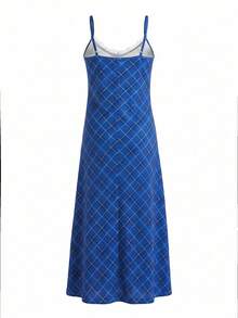 Klein Blue Plaid Midi Dress For Women, Summer, Sleeveless, Waist Cinched, Slimming Design - Blue - View 9