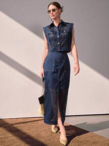 Sollinarry Women's Summer New Hollow Out Sleeveless Collared Shirt With Mid-Length Skirt 2 Pieces Set, Suitable For Work, Outing, And Vacation Elegant - Navy Blue - View 4