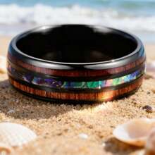 8毫米黑色舒适贴合不锈钢戒指 男士木戒指 - 木紋 - 查看 2