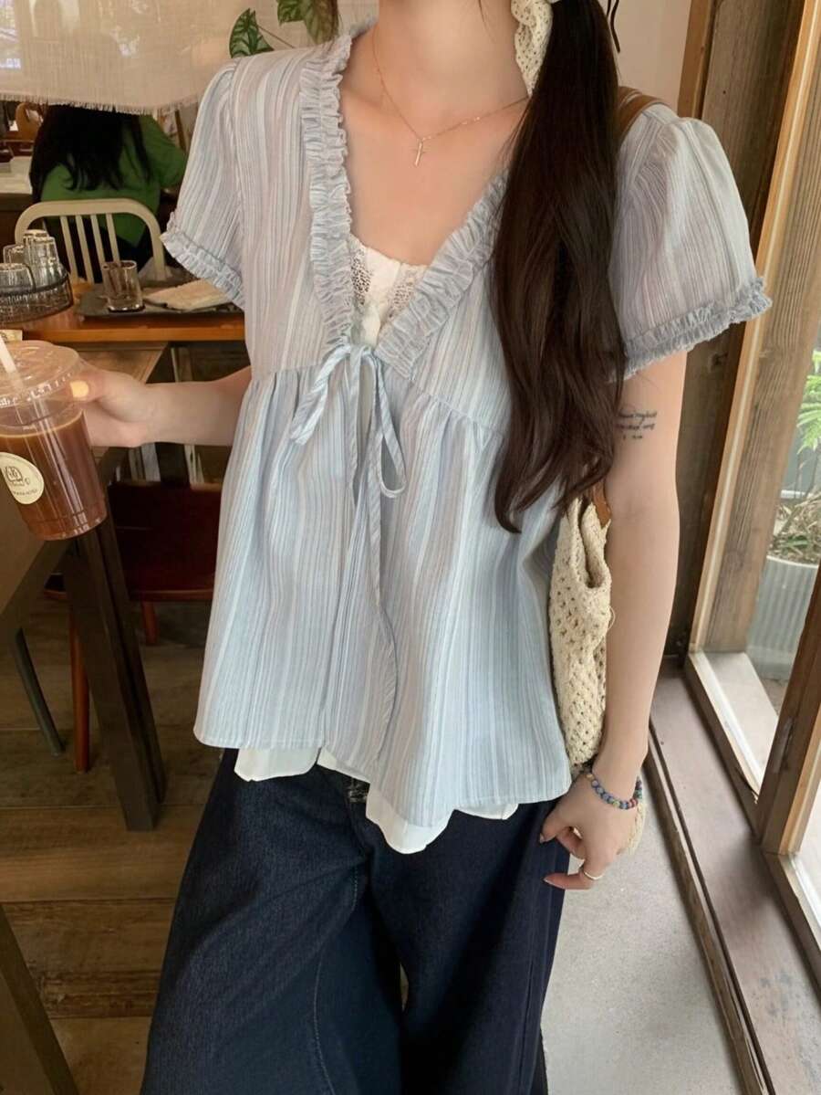 清爽系带蓝色条纹宽松耳侧两件式短袖上衣，夏季 - 藍色 - 查看 1