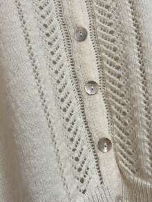 Elegant Women's Hollow Design Shell Button Knitted Long Sleeve Cardigan, Minimalist Sophisticated Women's Top - Apricot - View 4