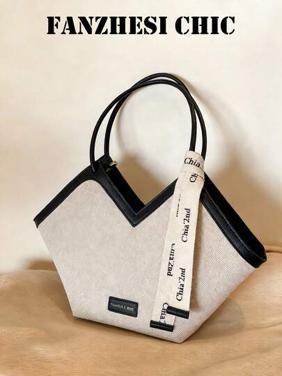 New Stylish Versatile Color-Block Design, Grooved Design, Large-Capacity Double-Handle Shoulder And Handbag, Suitable For Travel, Shopping, And Commuting To Work, Adorned With Scarf Patterns, Elegant Women's Wallet, Business Commuter Wallet