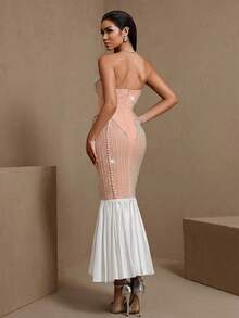 Pearl Patchwork Sexy Backless Mesh & Rhinestone Embellished Evening Gown, Suitable For Party, Date Night, Cocktail, Wedding Guest, Valentine's Day - White - View 6