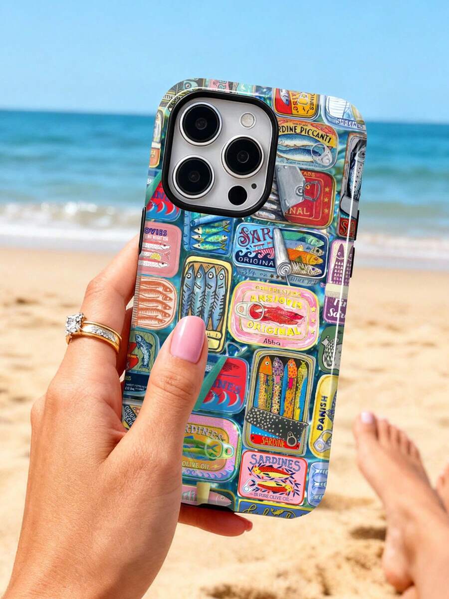 1pc Retro Canned Fish Patchwork Art Pattern Glossy 2-In-1 Filmic Hard Phone Case, Compatible With Samsung/ 11/12/13/14/15/16/17 Pro Max, International Version, Not The Domestic Version - Multicolor - View 1