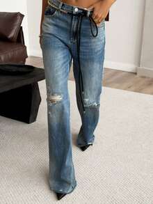 Y2K Style Loose Distressed Wide Leg Jeans, Suitable For Autumn Commute, Campus, Vacation, Concert And Daily Casual Outings - Blue - View 4