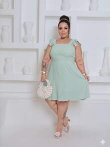 Plus Size Short Dress In Duna Fabric With Ruffled Straps And Elastic Back, Lined, Sizes GG G2 - 水綠 - 查看 2