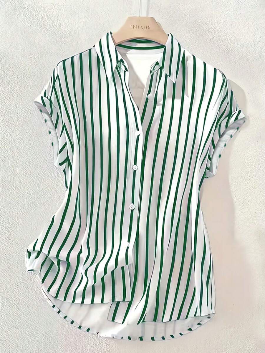 Summer Fashion Striped Single-Breasted Drop Shoulder Short Sleeve Shirt, Polyester Contrast Color Front Button Closure, Short Front Long Back Design - Green Stripes - View 1