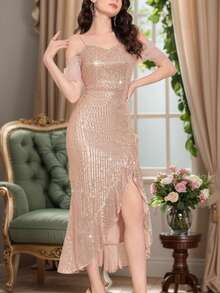 Summer New Elegant Sequined Long Off-The-Shoulder Asym - Champagne - View 3