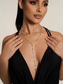 Altistry 1pc Fashionable Personalized Random Color Zirconia Oval Metal Chain Y-Necklace, Suitable For Travel, Dates, Parties And Other Occasions - Yellow Gold - View 2