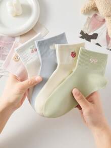 5双装女士可爱甜美透气樱桃熊、心形草莓、蝴蝶结图案短袜，隐形袜，白色袜子，粉色袜子，适合日常休闲穿着，四季皆宜 - 彩色 - 查看 6