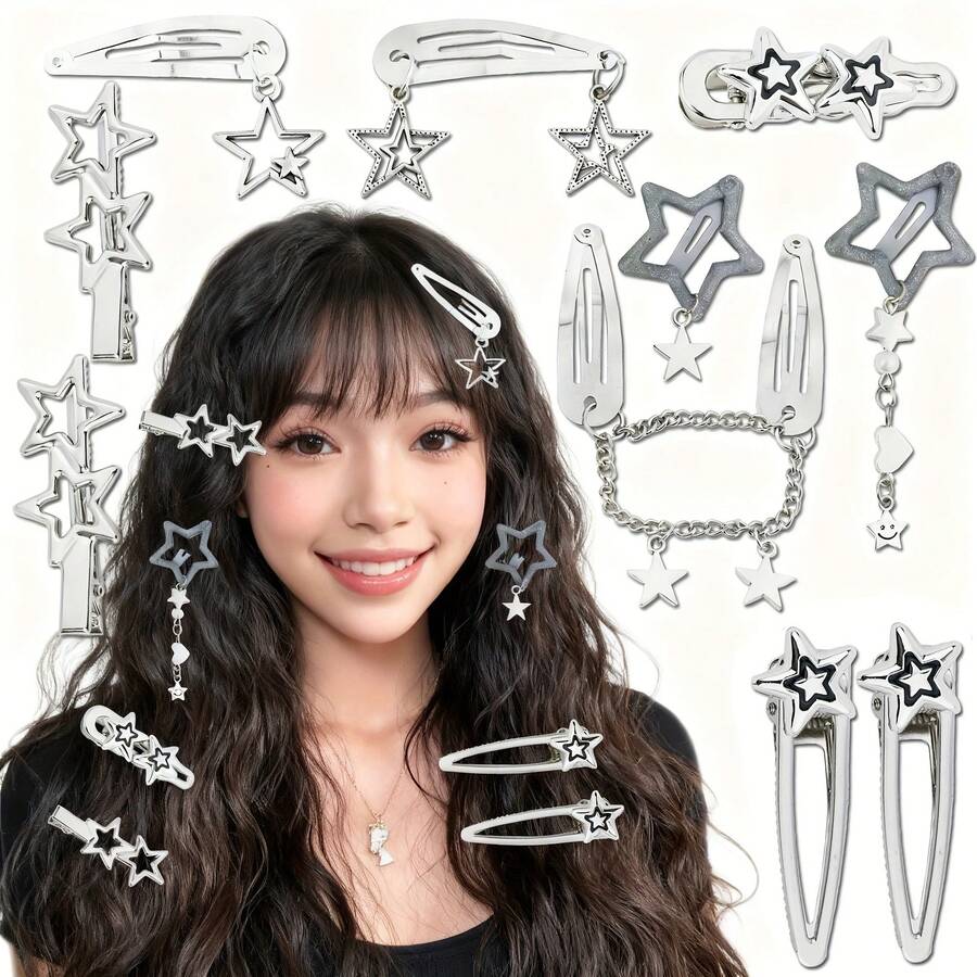 10pcs Star Clips Set, Metal Star Gothic Hair Clips, Hair Chain, Hair Accessories, Y2K Hip-Hop & Sweet Style - Multicolor - View 1