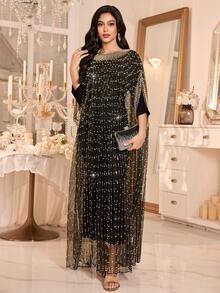 优雅黑色女士圆领蝙蝠袖串珠长袍，端庄无弹力两件式阿拉伯长裙，刺绣珍珠，亮片拼接，珍珠点缀长款七分袖 - 黑色 - 查看 7