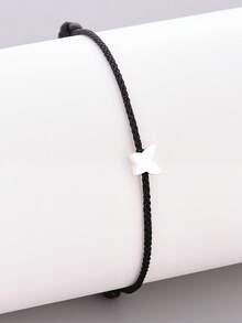 HuooNew 1pc Minimalist 925 Sterling Silver Star Shaped Black Braided Adjustable Length Bracelet, Suitable For Daily Wear - Black - View 3