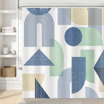 1pc Blue Beige Bohemian Shower Curtain, Geometric Arch Medieval Abstract Modern Bathroom Shower Curtain, Suitable For Bathroom Bathtub Partition, Bathroom Accessories, Bathroom Shower Curtain Decoration